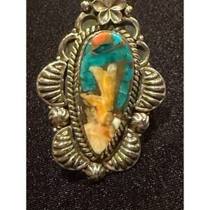 Sterling 925 Native American style ring fusing spiny oyster shell and turquoise